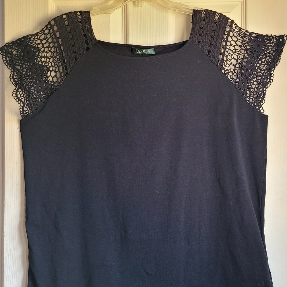 Lauren Ralph Lauren Women's Jet Black Crocheted Sleeves Top Size 2XL